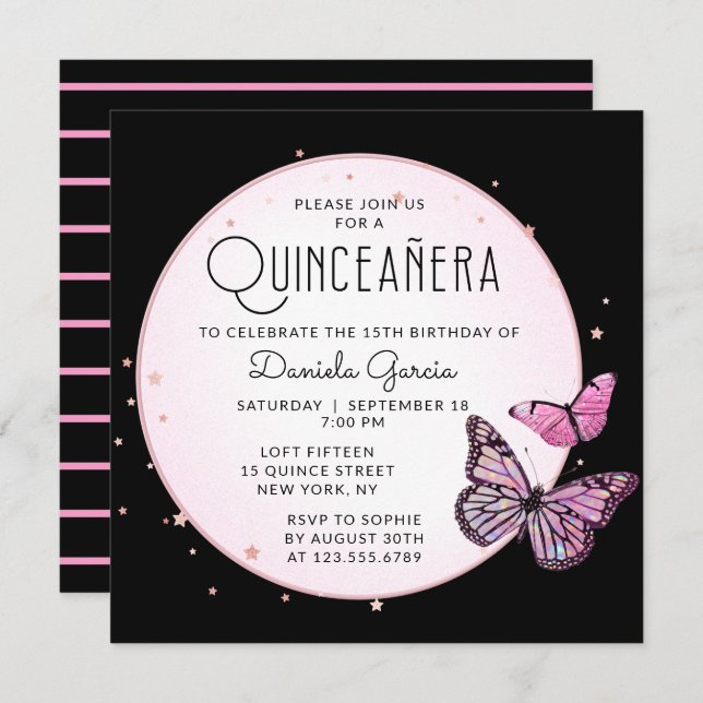 Convites Borboletas Negras cor-de-rosa Estrelas Quinceañera (Frente/Verso)