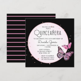 Convites Borboletas Negras cor-de-rosa Estrelas Quinceañera