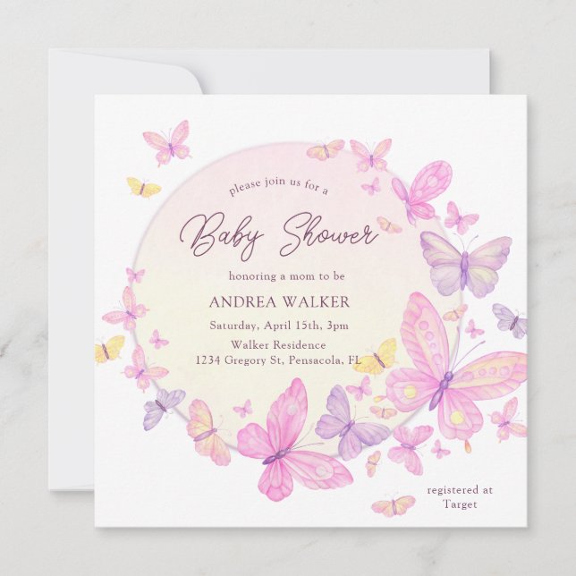 Convites Borboletas Pastéis Rosa Roxo Elegante Chás de Bebê (Frente)