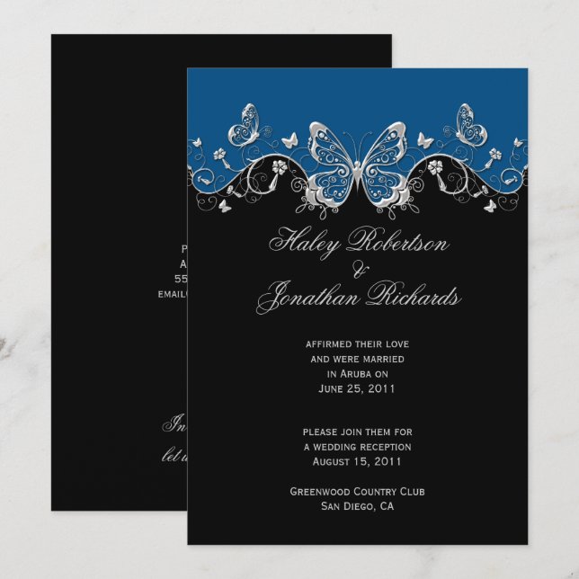 Convites Borboletas Prateadas Azuis e Pretas Pós Casamento (Frente/Verso)