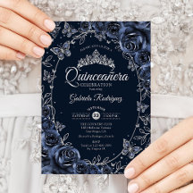 Borboletas Prateadas da Marinha Rosas Quinceanera