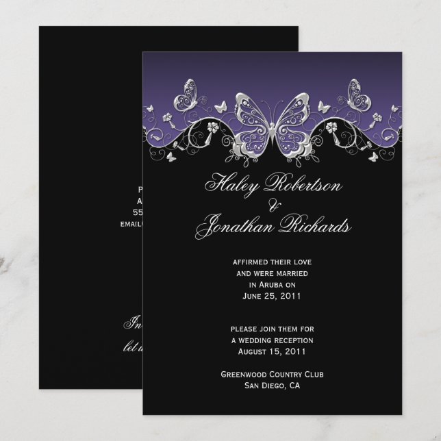 Convites Borboletas Prateadas Roxas Pretas Pós Casamento (Frente/Verso)