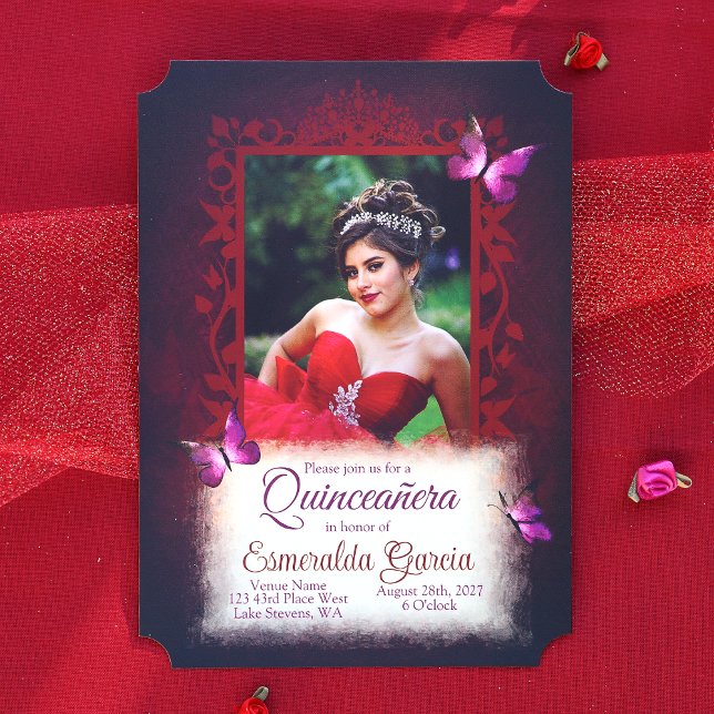 Convites Borboletas Pretas, Vermelho Escuro, Violeta Quince (Dark Red, Burgundy Quinceanera Invitation)