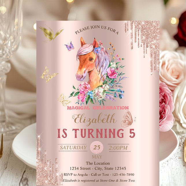 Convites Borboletas Pretty Pony Rose Gold Drips Aniversário (Criador carregado)