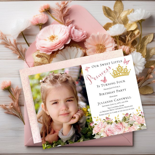 Convites Borboletas Princesa Floral Foto 4.º Aniversário (Butterflies Floral Princess Photo 4th Birthday Invitation - Print and/or Digital Download)