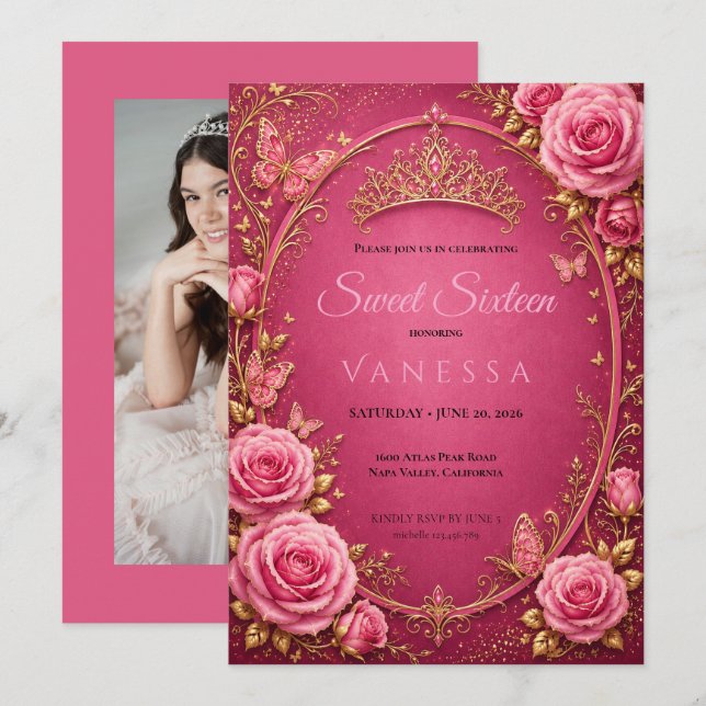 Convites Borboletas Princesa Photo doce 16 (Frente/Verso)
