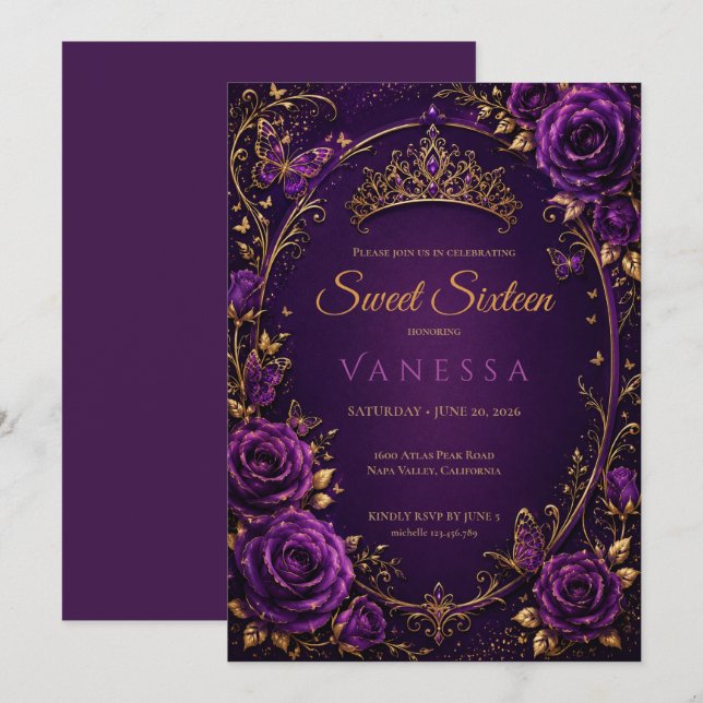 Convites Borboletas princesa roxas sweet 16 (Frente/Verso)