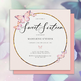 Convites Borboletas rosa Boho Frame Dourado Girly Sweet 16