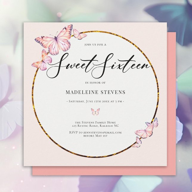 Convites Borboletas rosa Boho Frame Dourado Girly Sweet 16 (pink butterflies gold boho frame sweet sixteen birthday invitation girly trendy chic)