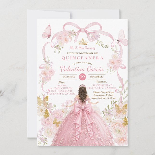 Convites Borboletas Rosa Coquette mis Quince Doce 16 (Frente)