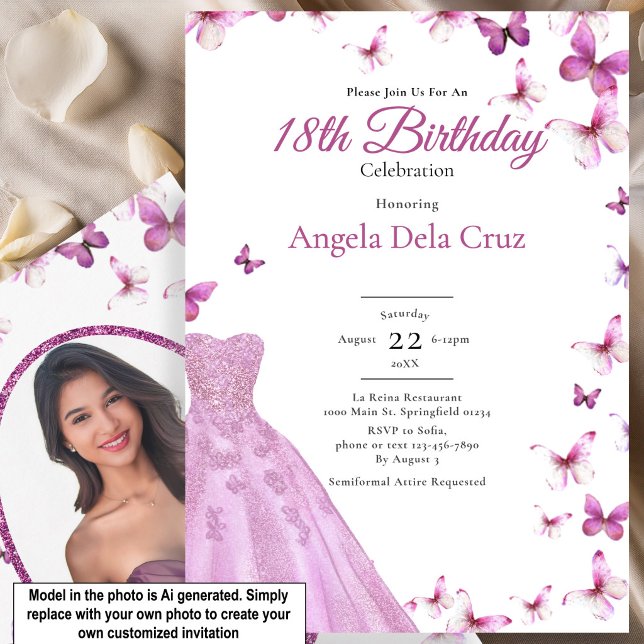 Convites Borboletas Rosa e Vestido Debut de 18 Anos (Criador carregado)
