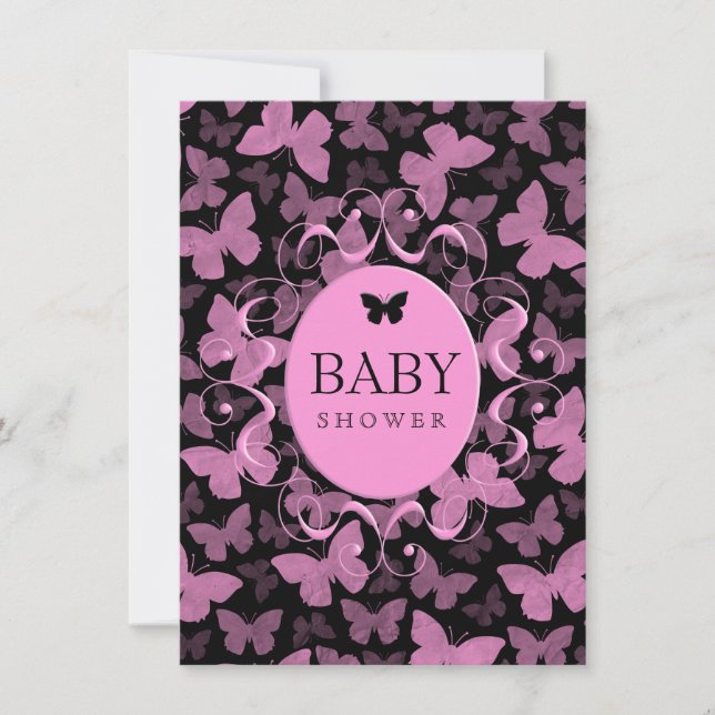Convites Borboletas rosa em preto (Frente)