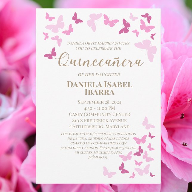 Convites Borboletas Rosa Quinceañera Dourado Personalizado (Criador carregado)