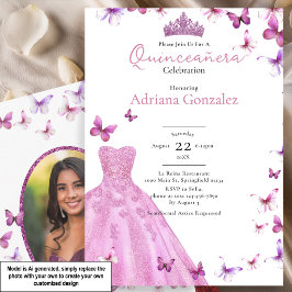 Convites Borboletas Rosa Vestido e Tiara Foto Quinceanera