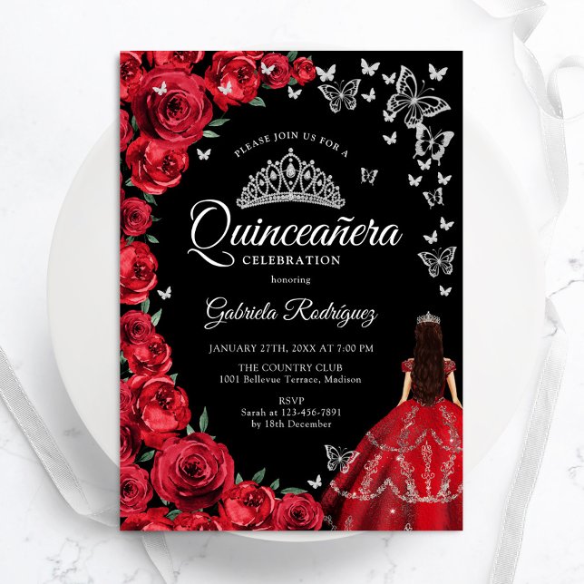 Convites Borboletas Rosas vermelhas negras Quinceanera (Criador carregado)