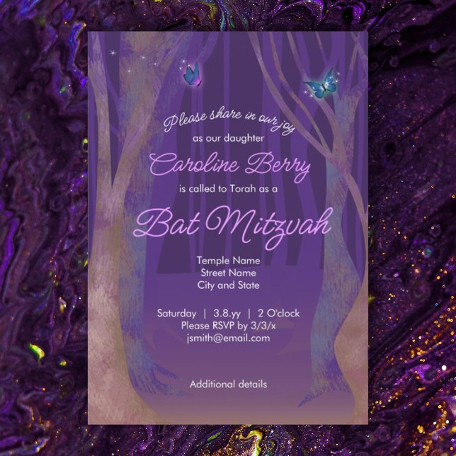 Convites Borboletas Roxas, Bat Matzvah, Floresta Encantada (purple bat mitzvah invitation with butterflies, sparkles, magical forest, fantasy)