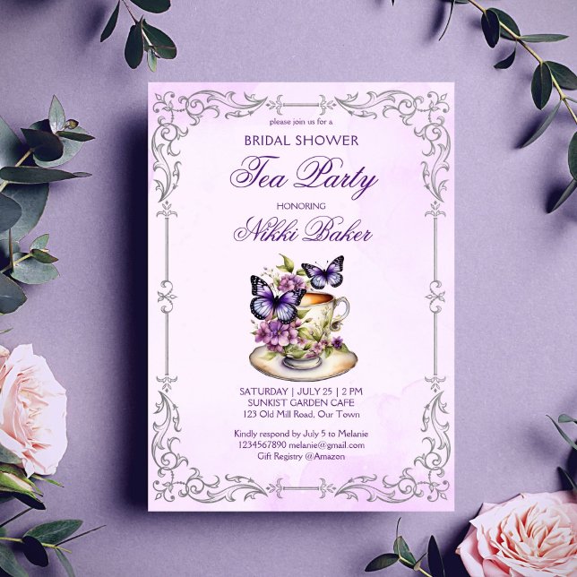 Convites Borboletas roxas Chá-brida vitoriana (Purple butterflies vintage silver border Victorian bridal shower tea party Invitation template)