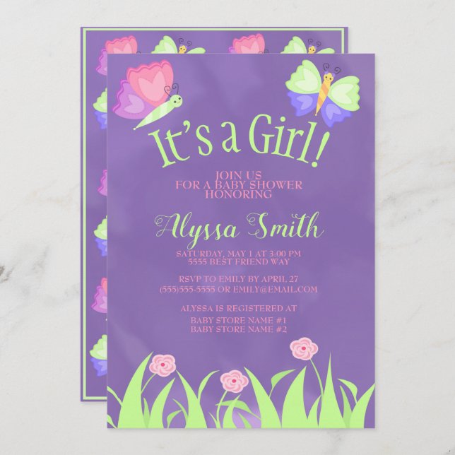 Convites Borboletas roxas cor-de-rosa Chá (Frente/Verso)