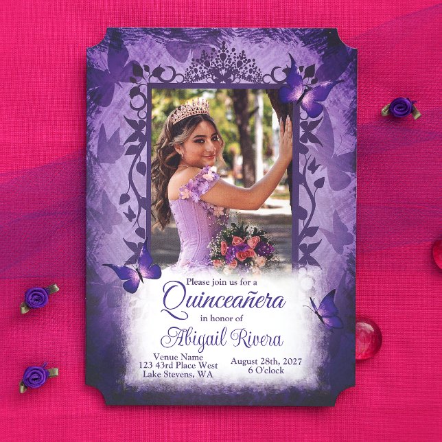 Convites Borboletas Roxas Elegantes Quinceanera Princess (Elegant Purple Quinceanera Invitation with Decorative Butterfly Photo Frame, Digital Sharing Invite)