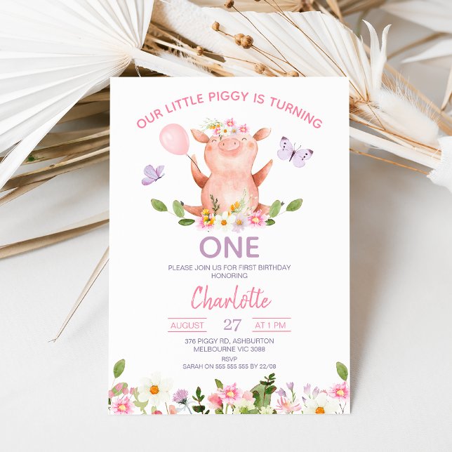 Convites Borboletas Roxas Nosso Pequeno primeiro aniversari (Editable Pig Birthday Invitation, Little Piggy Birthday Invite, Floral Pig Birthday, Wildflowers)