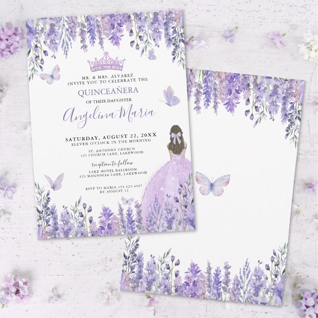 Convites Borboletas Roxas Quinceañera Floral (Purple Lilac Butterflies Tiara Floral Quinceañera Invitation)