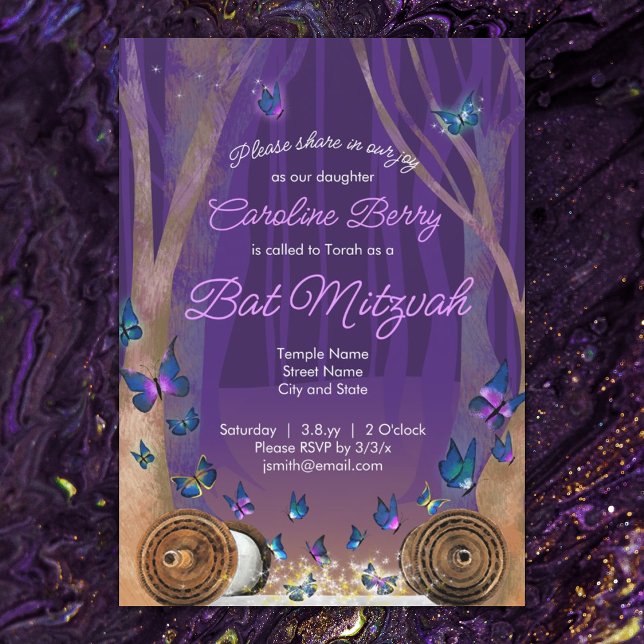 Convites Borboletas Roxas, Rolos Bat Mitzvah Convidam (magical forest purple bat mitzvah invitations, torah scrolls, sparkles)