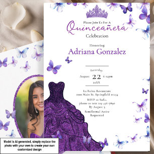 Convites Borboletas Roxas Vestido Foto 15 XV Quinceanera