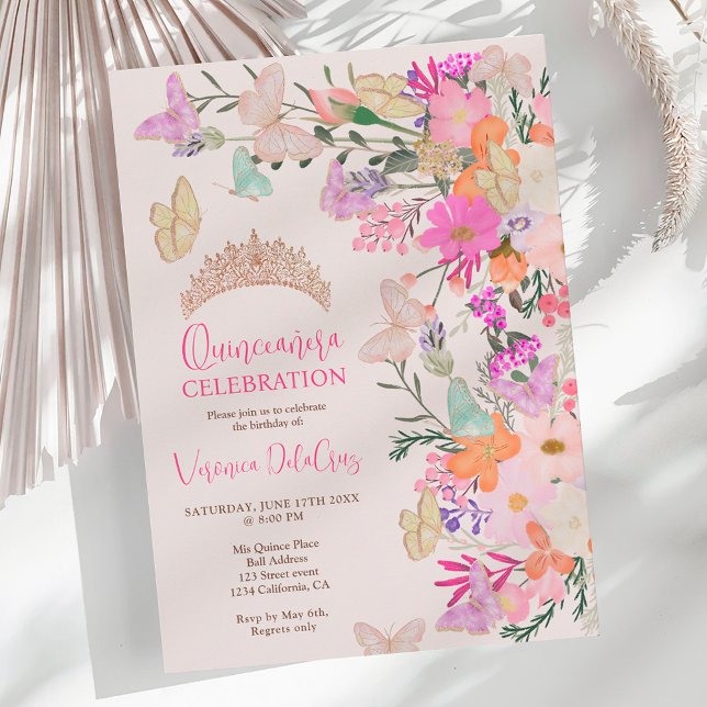 Convites Borboletas silvestres primavera quinceanera (Butterflies chic wildflowers spring quinceanera invitation)