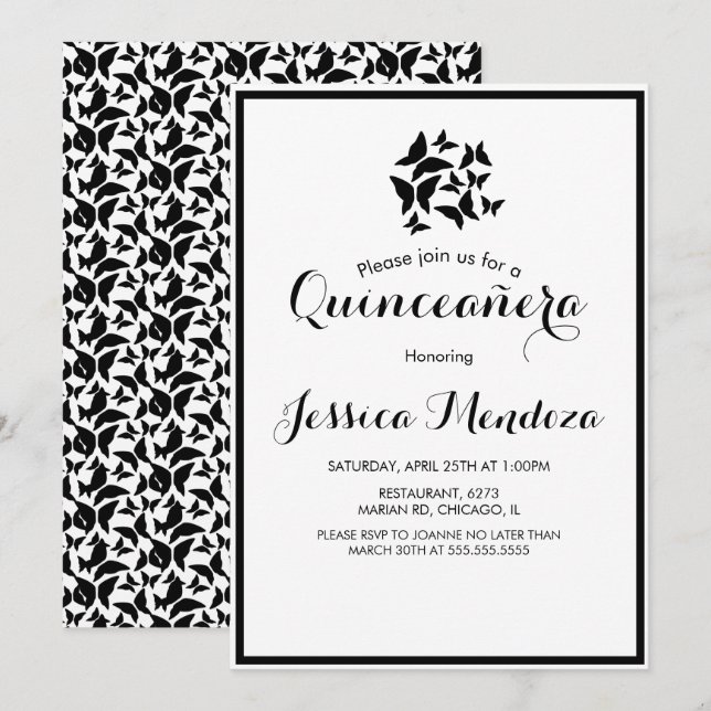 Convites Borboletas Simples Preto Branco Quince Sweet 16  (Frente/Verso)