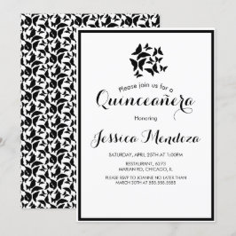 Convites Borboletas Simples Preto Branco Quince Sweet 16 