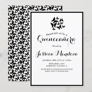 Convites Borboletas Simples Preto Branco Quince Sweet 16 