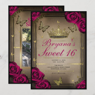Convites Borboletas Tiara Dourada Rosas Magenta Doze Anos