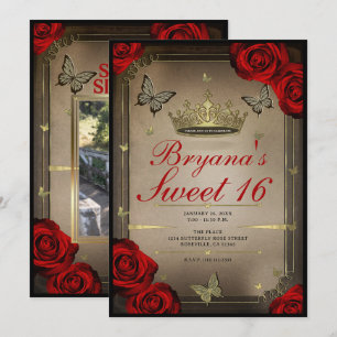 Convites Borboletas Tiara Dourada & Rosas Vermelhas Doce 16