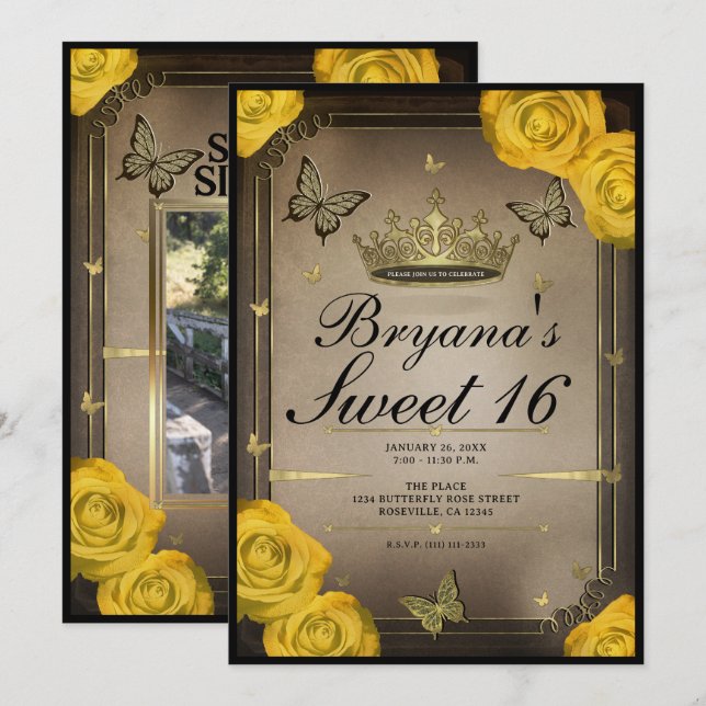 Convites Borboletas Tiara Rosas Amarelas 16 Aniversário (Frente/Verso)