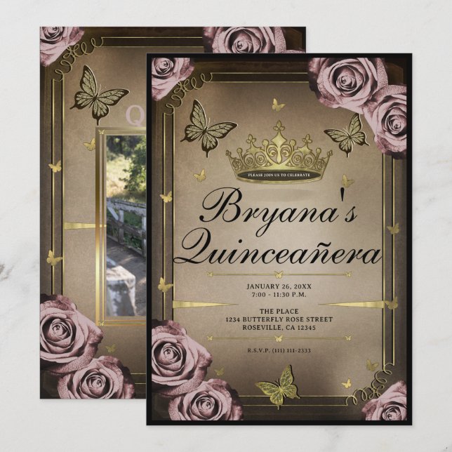 Convites Borboletas Tiara Rosas Rosa Claro Quinceañera (Frente/Verso)