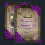 Convites Borboletas Tiara Rosas Roxas Brilhantes Sweet 16<br><div class="desc">Personalize da maneira que você quiser.

Substitua a foto na parte de trás pela sua própria foto ou remova a foto completamente.</div>