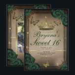 Convites Borboletas Tiara Rosas Verde Esmeralda Sweet 16<br><div class="desc">Personalize da maneira que quiser.

Substitua a foto na parte de trás pela sua própria foto ou remova a foto completamente.</div>