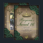 Convites Borboletas Tiara Rosas Verde Esmeralda Sweet 16<br><div class="desc">Personalize da maneira que quiser.

Substitua a foto na parte de trás pela sua própria foto ou remova a foto completamente.</div>