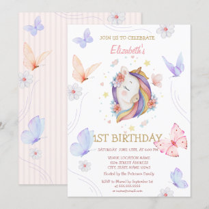 Convites Borboletas Unicórnio Florais Listradas Aniversári