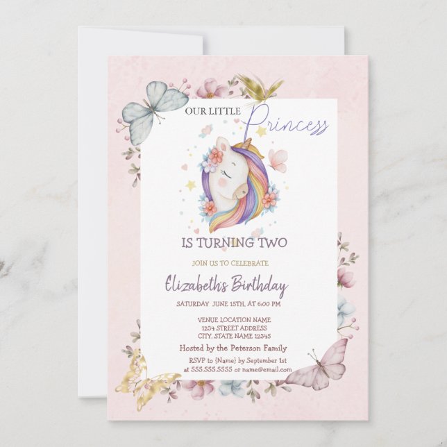 Convites Borboletas Unicórnio Princesa Rosa Aniversário   (Frente)