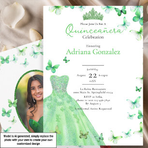 Convites Borboletas Verdes Vestido Tiara Foto Quinceanera