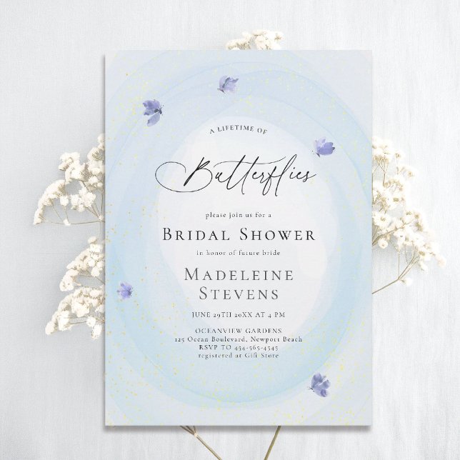 Convites Borboletas vitalícias algo Chá de panela azul (lifetime of butterflies theme bridal shower invitation whimsical watercolor romantic something blue)