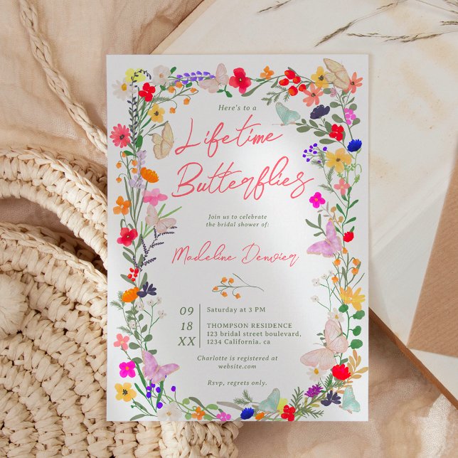 Convites Borboletas vitalícias chá de panela (Boho lifetime butterflies wildflower bridal shower invitation)