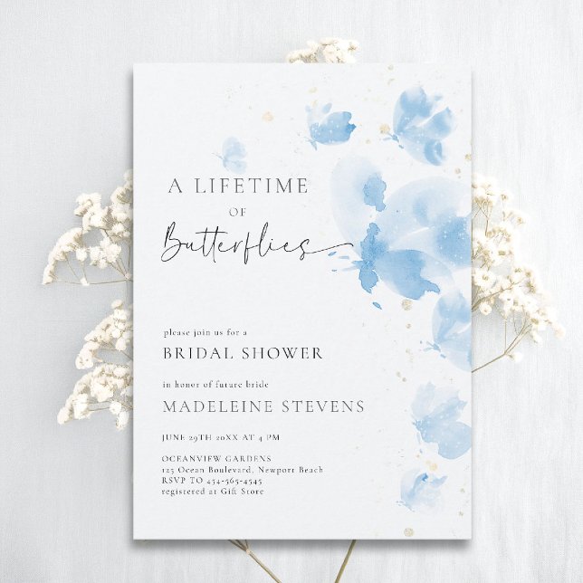 Convites Borboletas vitalícias Chá de panela azul romântico (butterflies theme bridal shower invitation whimsical watercolor romantic dreamy something blue)