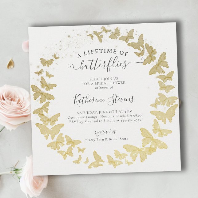 Convites Borboletas vitalícias e Chá de panela moderno (a lifetime of butterflies bridal shower invitation gold foil butterfly garden whimsical square)