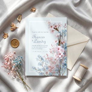 Convites Borda Botânica Romântica de Sakura Azul Pastel