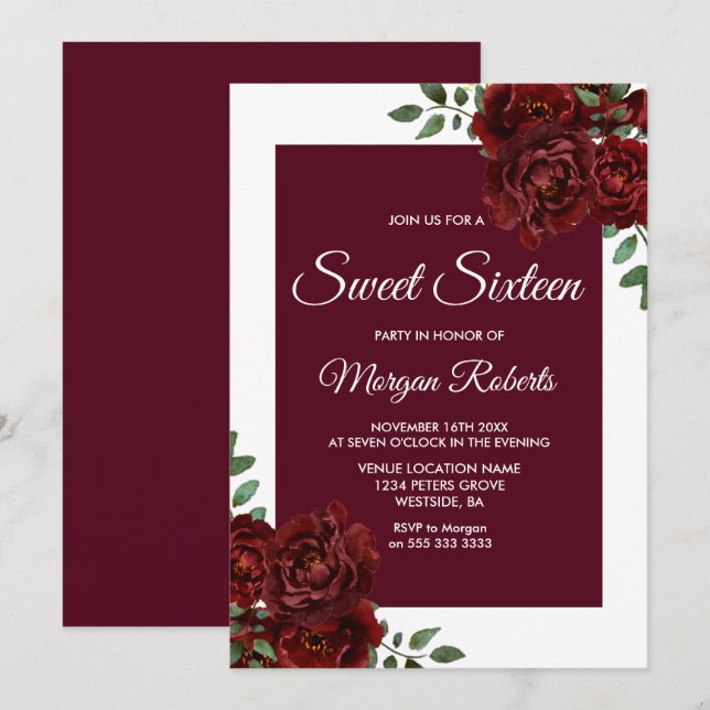 Convites Borda Branca de Rosa Burgundy Sweet 16 Invite (Frente/Verso)