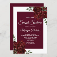Borda Branca de Rosa Burgundy Sweet 16 Invite