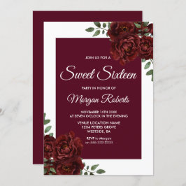 Convites Borda Branca de Rosa Burgundy Sweet 16 Invite