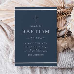 Convites Borda Branca do Batismo Azul do Marinho Moderno